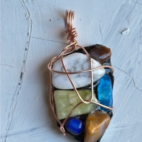 Necklace Pendant, Handmade assemblage Wire Wrapped real Stones Resin Set 4300 G - Picture 10 of 11